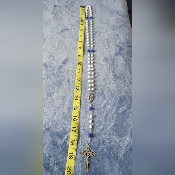 Elegant Rosary Beads White Ceramic & Blue Glass Beaded Necklace 20" - Picture 2 of 5